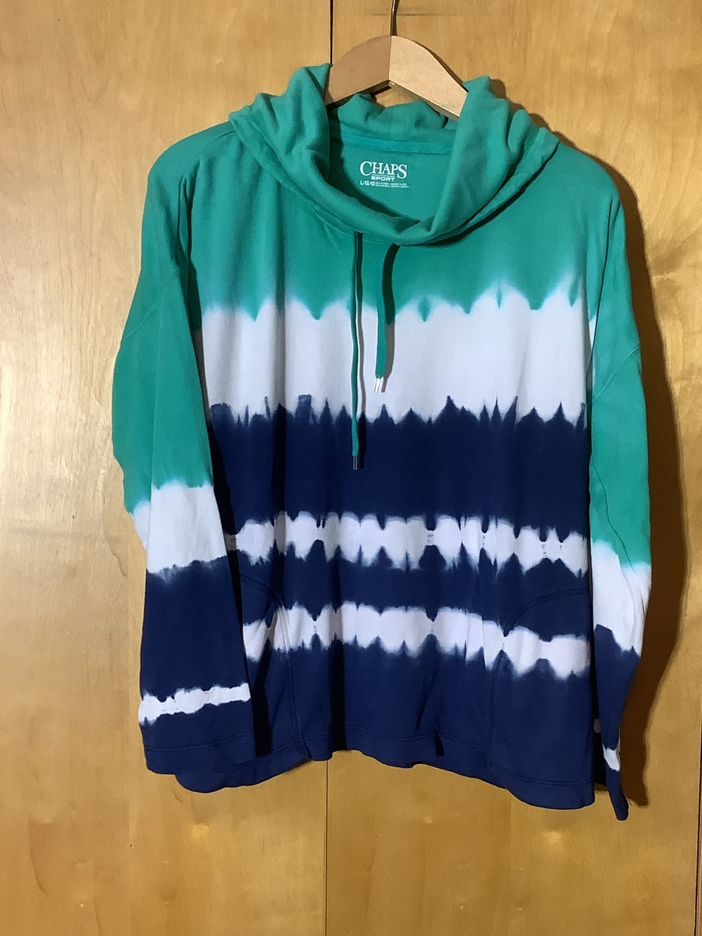 Chaps Sport green white and navy funnel neck pullover, size large